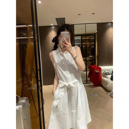 In Stock RL Ralph Pony Home White Moonlight First Love Sweet Western Style Exquisite Sleeveless Lace-up Embroidery Polo Dress