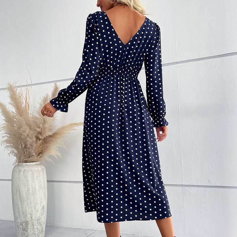 LOVECCR New  2025 Women's Clothing Hot Autumn and Winter New Long Sleeve Blue Polka Dot Medium and Long Dress