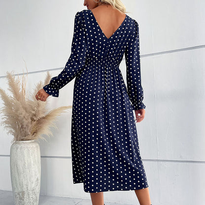 LOVECCR New  2025 Women's Clothing Hot Autumn and Winter New Long Sleeve Blue Polka Dot Medium and Long Dress