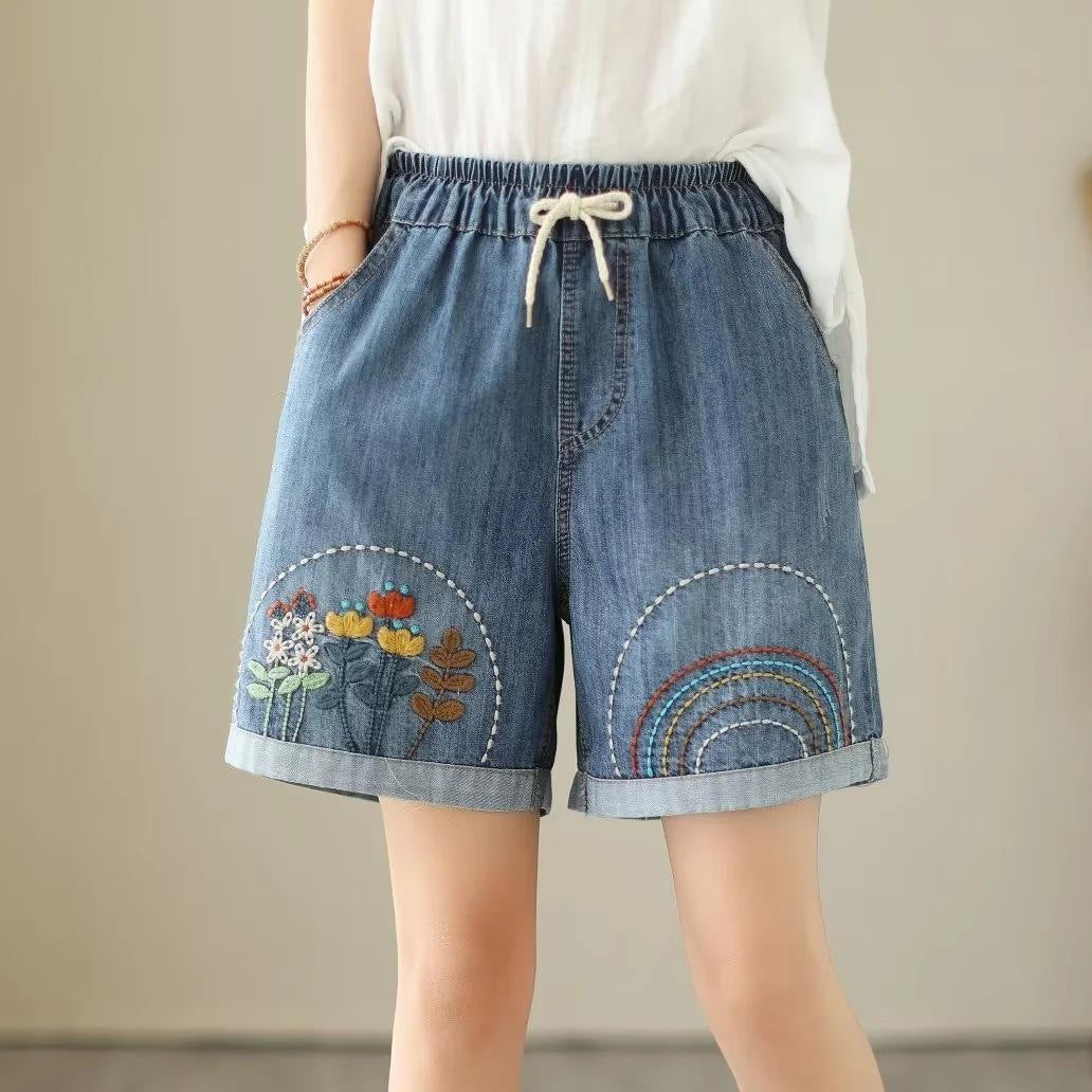 Japanese Style Denim Shorts Women's Summer Thin Loose Slimming Retro Casual Embroidered Shorts Wide Leg Pants