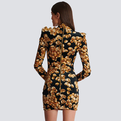 LOVECCR popular  Gold Velvet Printed 2025 Long Sleeve Slim Dress Autumn and Winter New Retro Bottom Women's Clothing