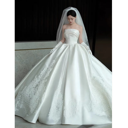 LOVECCR  Satin Light Wedding Dress Bride  New Summer Tube Top Main Yarn Floor-Length Advanced Texture Retro Dress for Women
