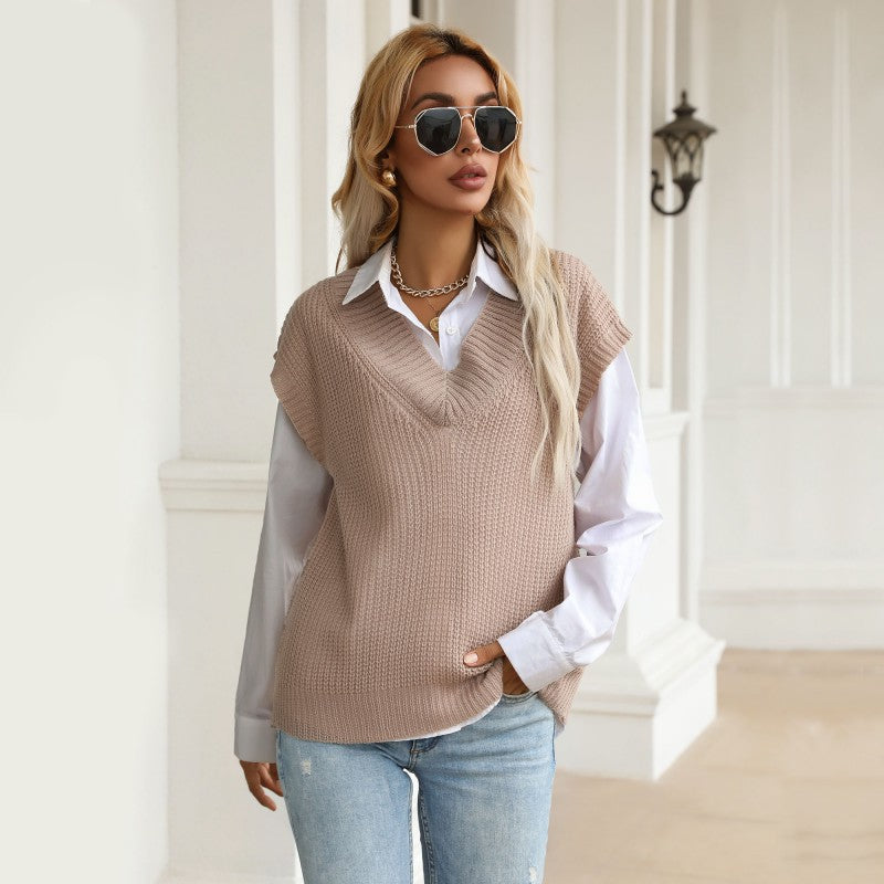 LOVECCR Hot  new autumn solid color v-neck knitted sweater commuter sleeveless vest vest 2025 V-neck top