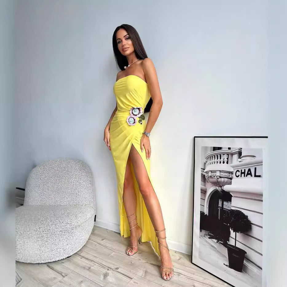 LOVECCR popular  summer new fashionable yellow three-dimensional embroidered dress long tube top dress 2025 women's clothing