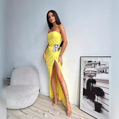 LOVECCR popular  summer new fashionable yellow three-dimensional embroidered dress long tube top dress 2025 women's clothing