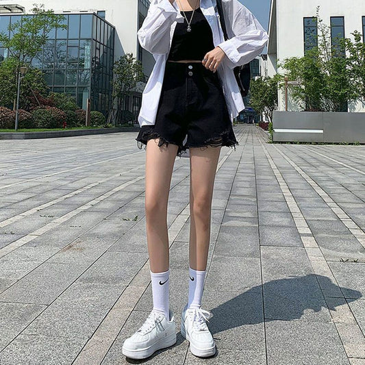 Double Buckle Thin Denim Shorts Women's Korean-Style High Waist Black Ins Style Hot Girl Raw Hem Ripped Wide Leg A- line Hot Pants Summer