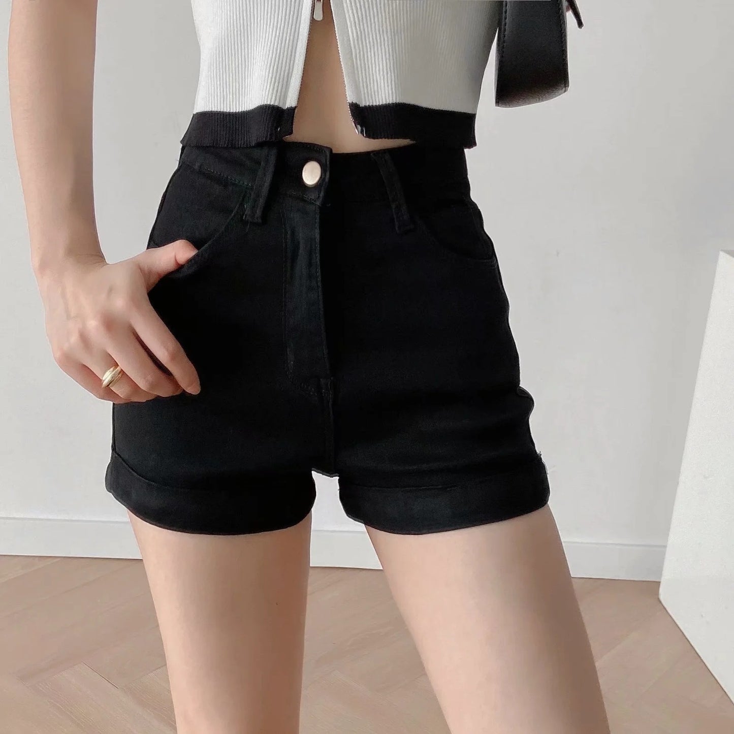 D6df0516 22 Summer European and American Curling Wide Leg Shorts Close-Fitting and Slim-Fitting Stretch High Waist Denim Shorts for Women