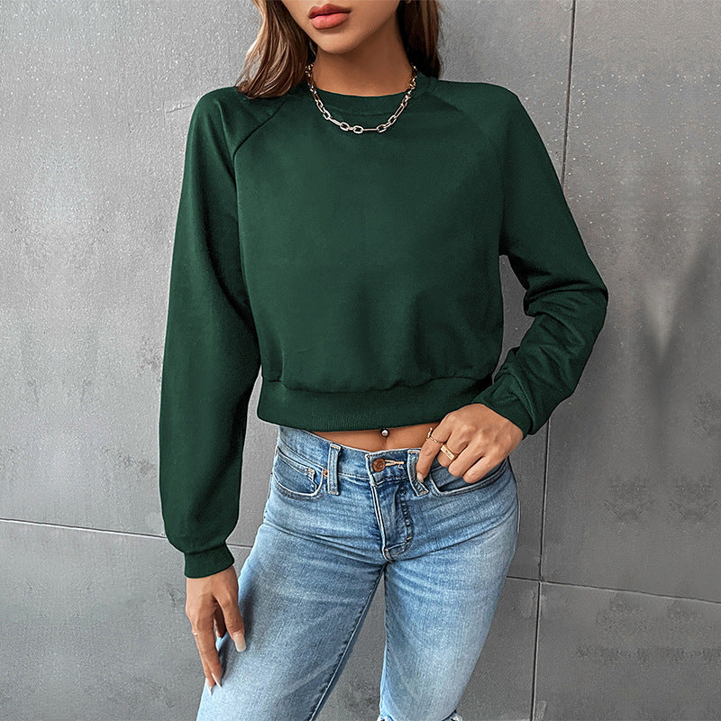 LOVECCR popular New Early Autumn Casual Sports Rough Sleeve Top Hot Trade Color Matching Short Navel Crew Neck Pullover Sweater