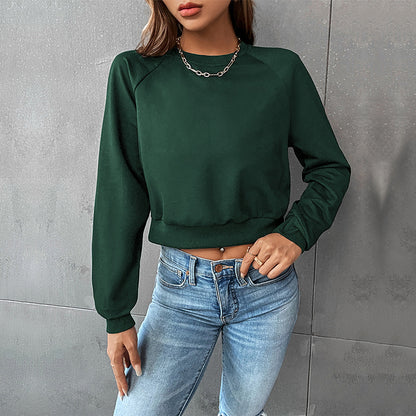 LOVECCR popular New Early Autumn Casual Sports Rough Sleeve Top Hot Trade Color Matching Short Navel Crew Neck Pullover Sweater