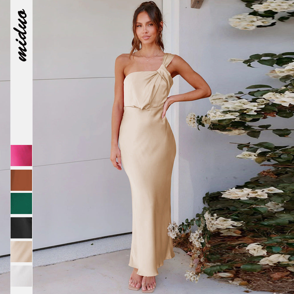 LOVERCCR  Cross-Border New Acetate European and American Women's Clothing Elegant One-Shoulder Satin  Toast Dress Bridesmaid Dress Slim Fit Dress