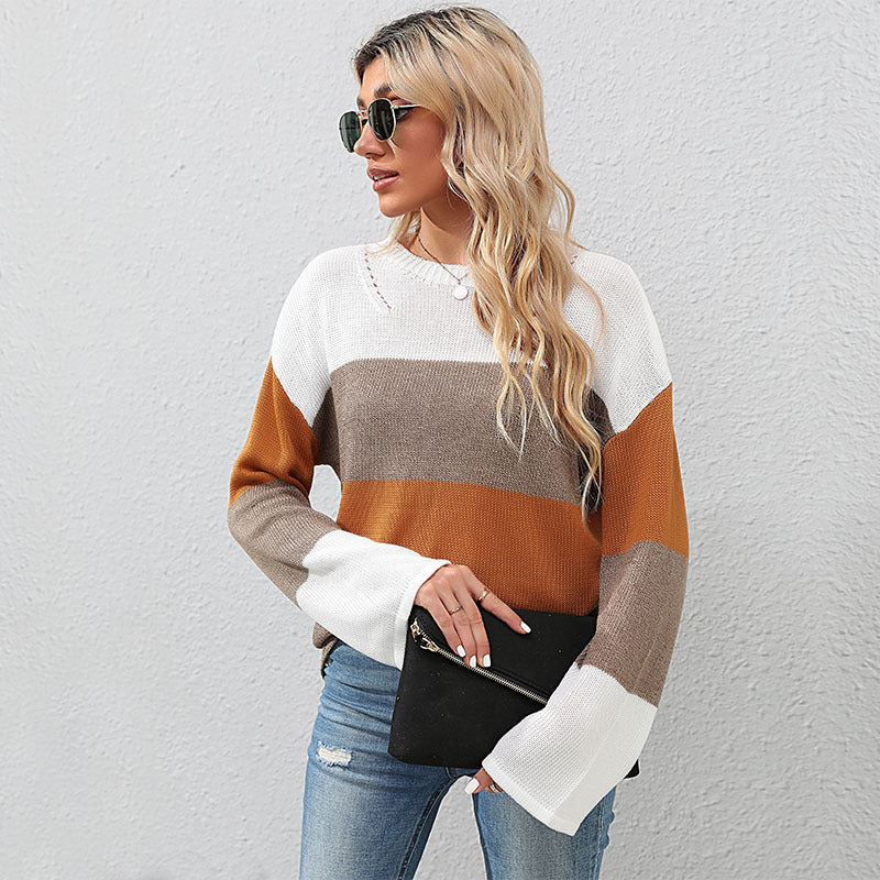 LOVECCR   Hot autumn and winter new casual 2025 women's clothing crew neck striped color matching loose knitted sweater