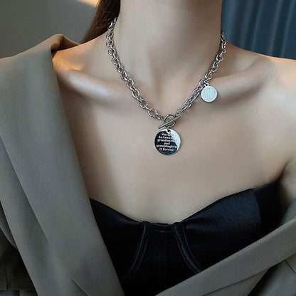 Harajuku Dark Style Hiphop Round Square Brand Stainless Steel Letter Choker Combination Titanium Steel Men and Women Clavicle Chain to Chain