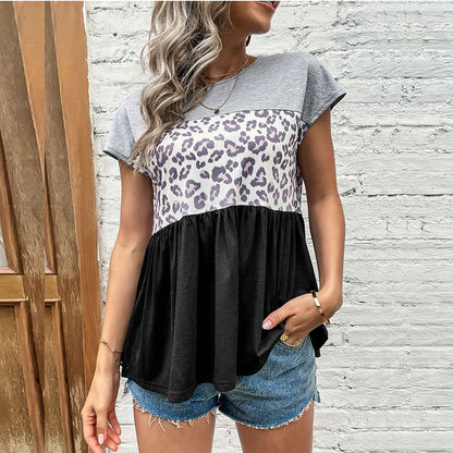 LOVECCR popular new 2025 tops casual splicing leopard print loose round neck short-sleeved T-shirt women