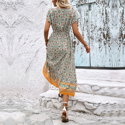 LOVECCR Hot new 2025  women's clothing summer ruffle edge bohemian printing dress human cotton splicing dress