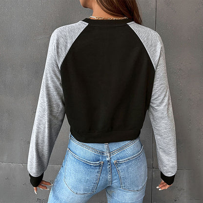 LOVECCR popular New Early Autumn Leisure Sports Ragged Sleeves BM Hot Trade Color Matching Short Navel Crew Neck Pullover Sweater