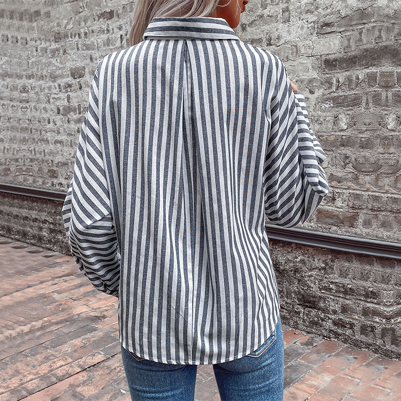 LOVECCR Hot autumn new 2025 striped cardigan shirt long-sleeved commuter  lapel shirt women