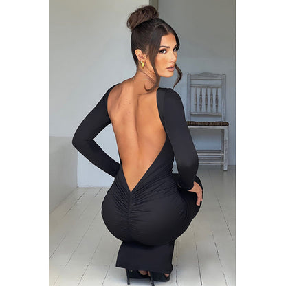 LOVECCR  foreign trade  Europe and America ins slim-fitting long-sleeved backless sexy hip-wrapped dress wholesale one piece