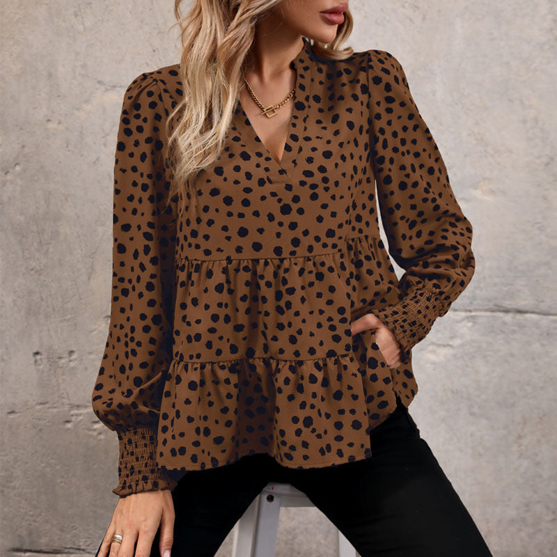 LOVECCR  Hot autumn explosion spotted shirt women's khaki ruffle edge V-neck women's top wholesale