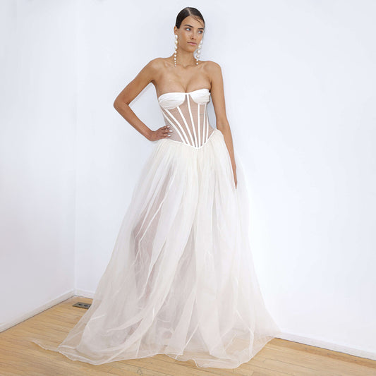 LOVECCR 2025 Express new white tube top dress elegant mesh see-through wedding dress long fishbone tutu