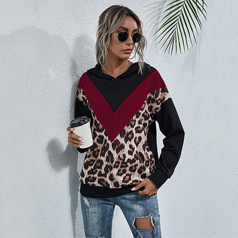 LOVECCR New Popular trade splicing leopard print sweater hooded pullover long sleeve 2025 casual color contrast women popular new models