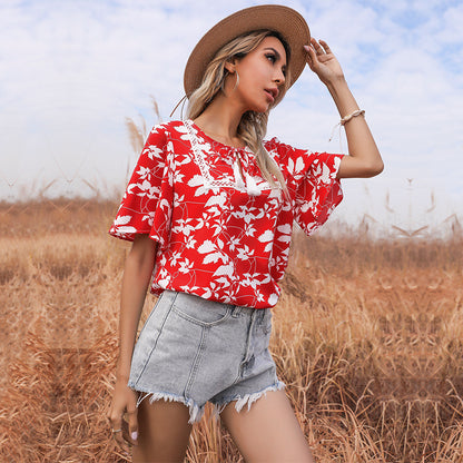 LOVECCR New new loose-print lace-up short-sleeved lace splicing 2025 tops, red shirts, women's summer