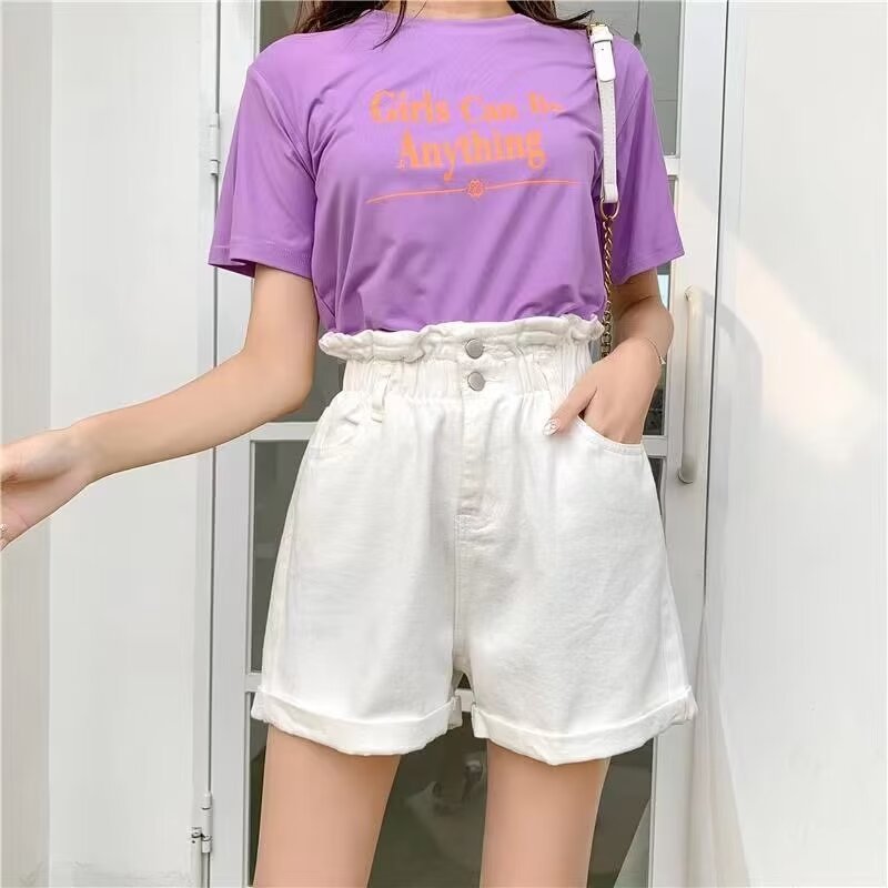 Elastic Waist Denim Shorts Women's Summer Thin High Waist A- line Wide Leg Pants Small Bud-Shaped Pants Curling Hot Pants Fashion