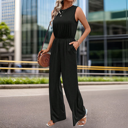 LOVECCR 2025  women's clothing sleeveless simple commuter jumpsuit high-waisted elastic-waisted jumpsuit straight-leg trousers