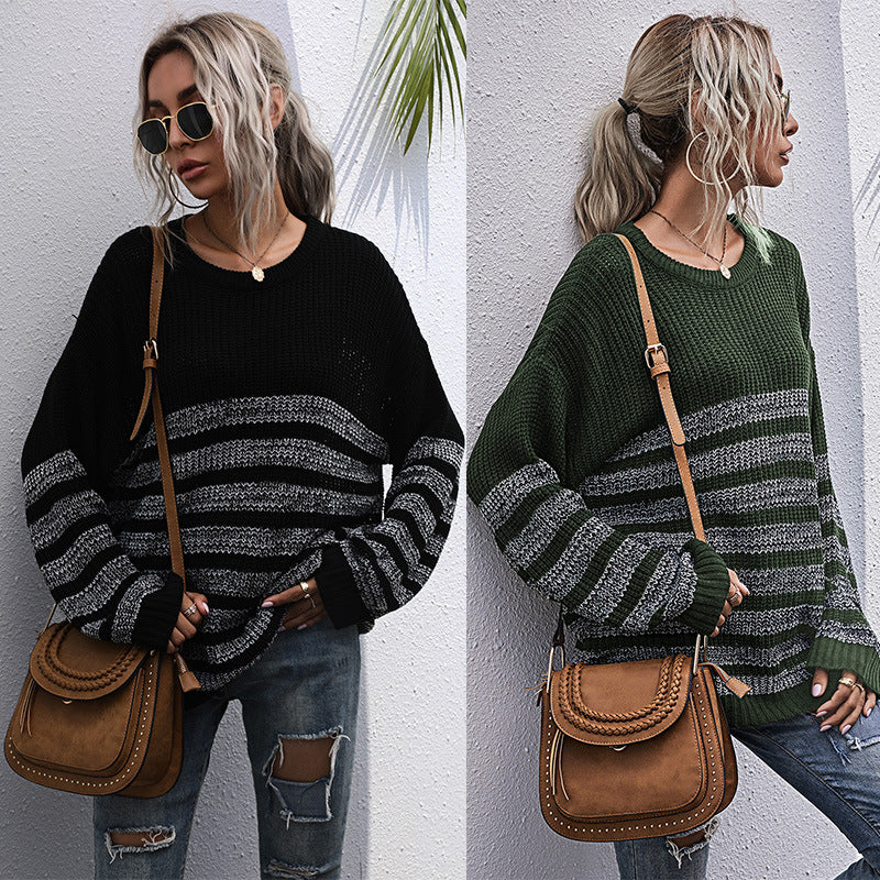 LOVECCR New Popular, 2025 and popular autumn loose striped round neck medium and long sweater knitted sweater women's Popular trade wholesale