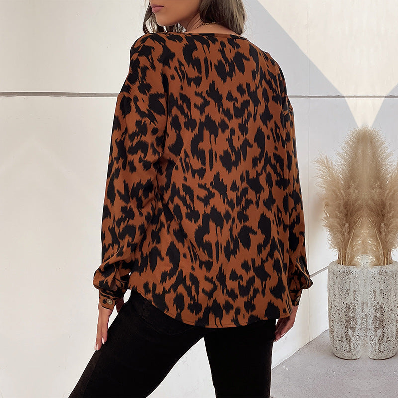 LOVECCR Cross-border  popular Spring and Autumn New Hot Trade 2025 Commuter Top Long Sleeve Leopard Print Design Shirt Women