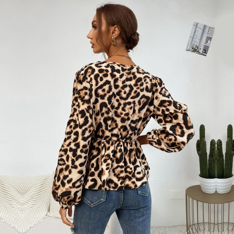 LOVECCR New spring and summer new 2025 women's clothing hollow long-sleeved leopard print v-neck waist pullover long-sleeved shirt