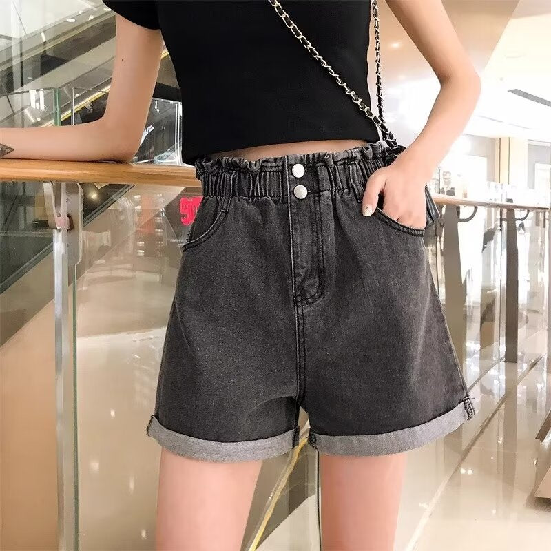 Elastic Waist Denim Shorts Women's Summer Thin High Waist A- line Wide Leg Pants Small Bud-Shaped Pants Curling Hot Pants Fashion