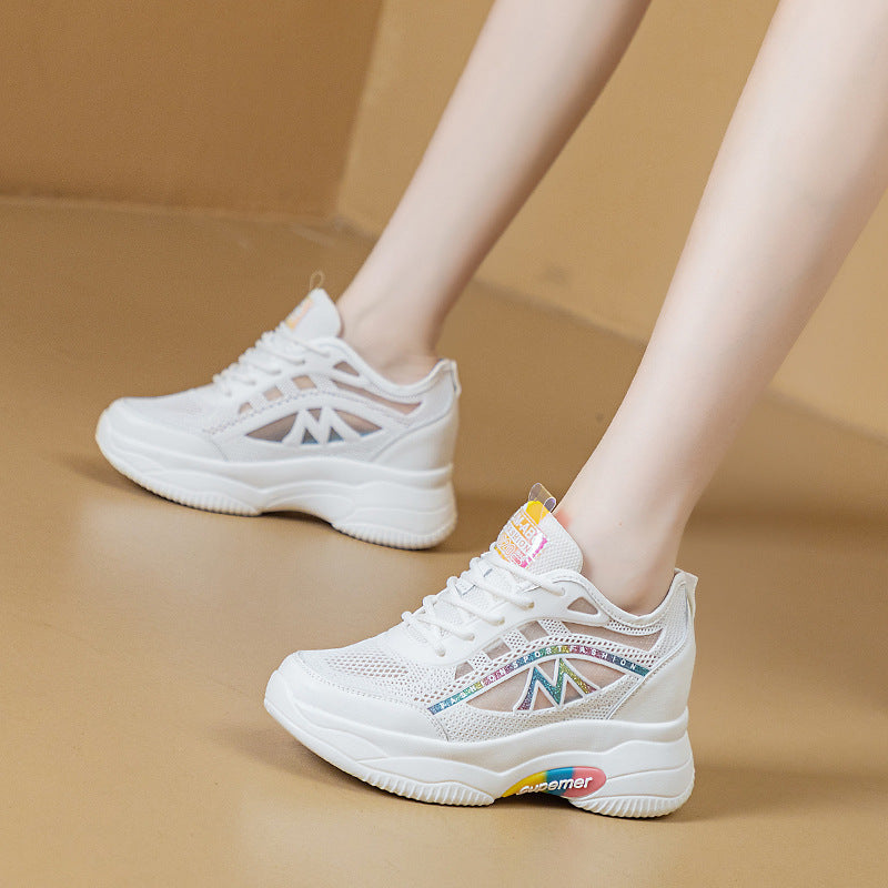 loveccr Summer 8cm New Versatile Casual Breathable Low-Top Shoes Women's Platform Stylish Height Increasing Mesh Surface Shoes White Shoes Women