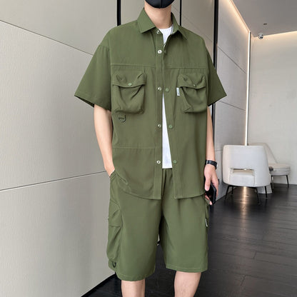 Summer  Ice Silk Short Sleeve Suit Men's Japanese Style Workwear Loose Casual Short-Sleeved Shirt Cropped Pants Two-Piece Set