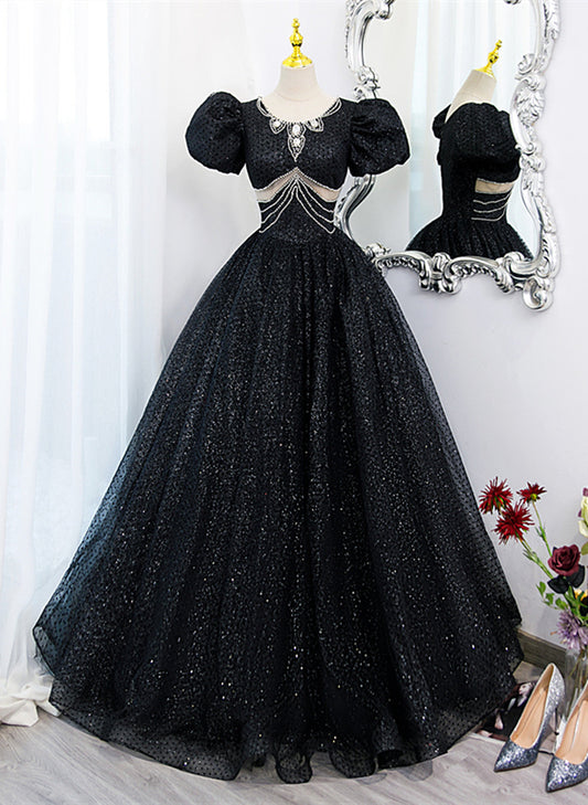 LOVECCRGlam Black Tulle Beaded Short Sleeves Prom Dress, Black Tulle Formal Dress Sweet 16 Dress