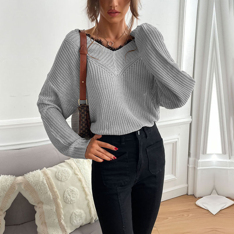 LOVECCR New explosion autumn and winter popular new splicing lace jumper V-neck commuter wind knitted sweater women