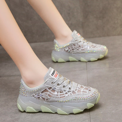 loveccr Breathable Rhinestone Dad Shoes Women  Summer New Korean Style Lace Jelly Thick Bottom Casual Sneaker Women Wholesale