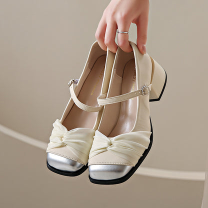 loveccr  High Heels Women Bow Classy Shoes with Skirt Gentle Retro Chunky Heel Mary Jane Shoes