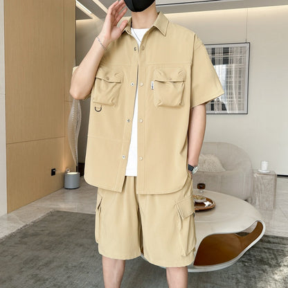 Summer  Ice Silk Short Sleeve Suit Men's Japanese Style Workwear Loose Casual Short-Sleeved Shirt Cropped Pants Two-Piece Set