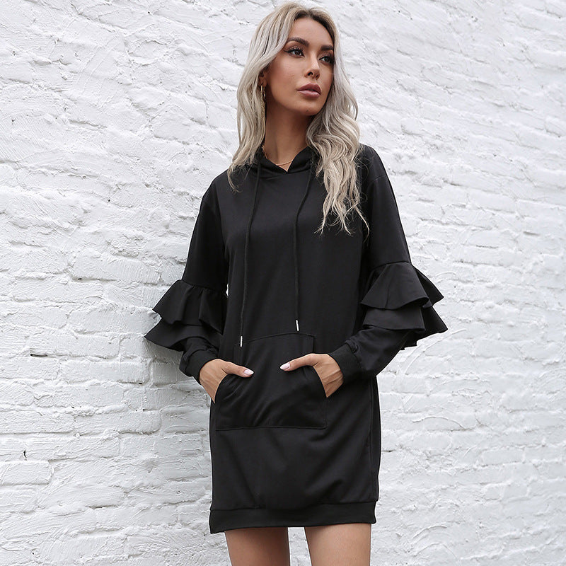 LOVECCR popular new long-sleeved pullover hooded skirt Popular trade women's clothing  New ruffle edge splicing hooded dress