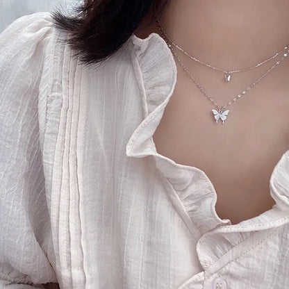 Alloy Double-Layer Butterfly Necklace for Women Ins Light Luxury Clavicle Chain Niche Design Necklace  Wind Direction Pendant