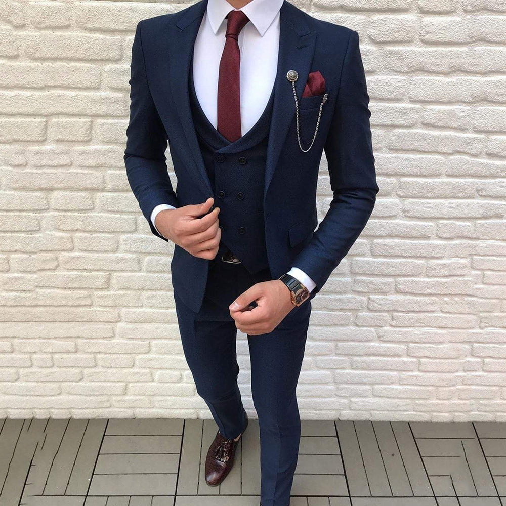 LOVECCR   European and American Foreign Trade Men's Suit Three-Piece Suit Navy Blue Suit Slim Fit Groom Groomsman Banquet Ball Gown