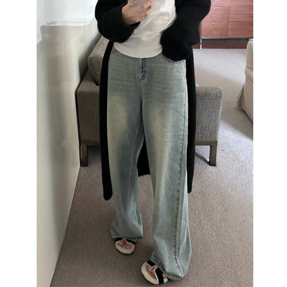 Jin Yi Laid-Back Figure Flattering Washed Light Blue Jeans Loose Edging Straight Mop Wide Leg Trousers for Women New