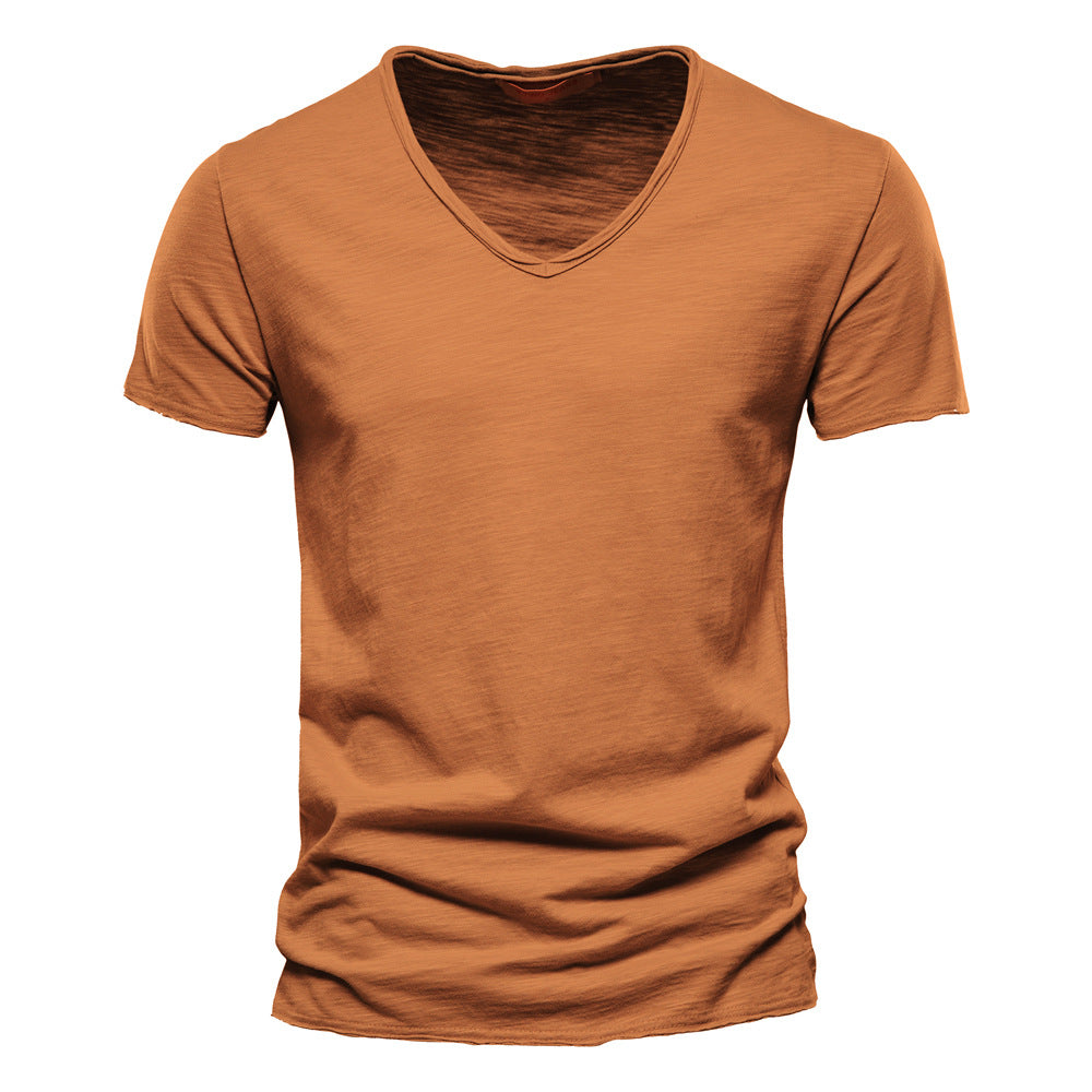 Summer Foreign Trade Popular Style Men's New Pure Color Slub Cotton V-neck Short-Sleeved T-shirt Cotton Hot Sale European and American Style Men's Clothing