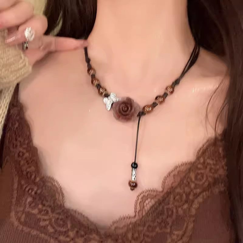 Chinese Zen New Chinese Style Camellia Necklace Ancient Style Woven National Style Clavicle Chain Beaded Flower Necklace