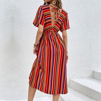 LOVECCR 2025  color striped casual dress temu new V-neck button high waist long dress women