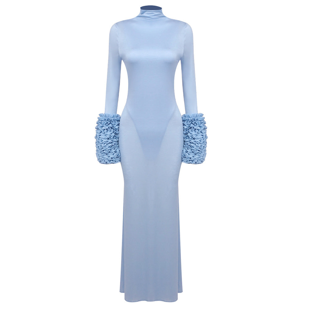 LOVECCR popular autumn new product long-sleeved light blue tencel long dress with 2025 slim mesh sleeves dress dress