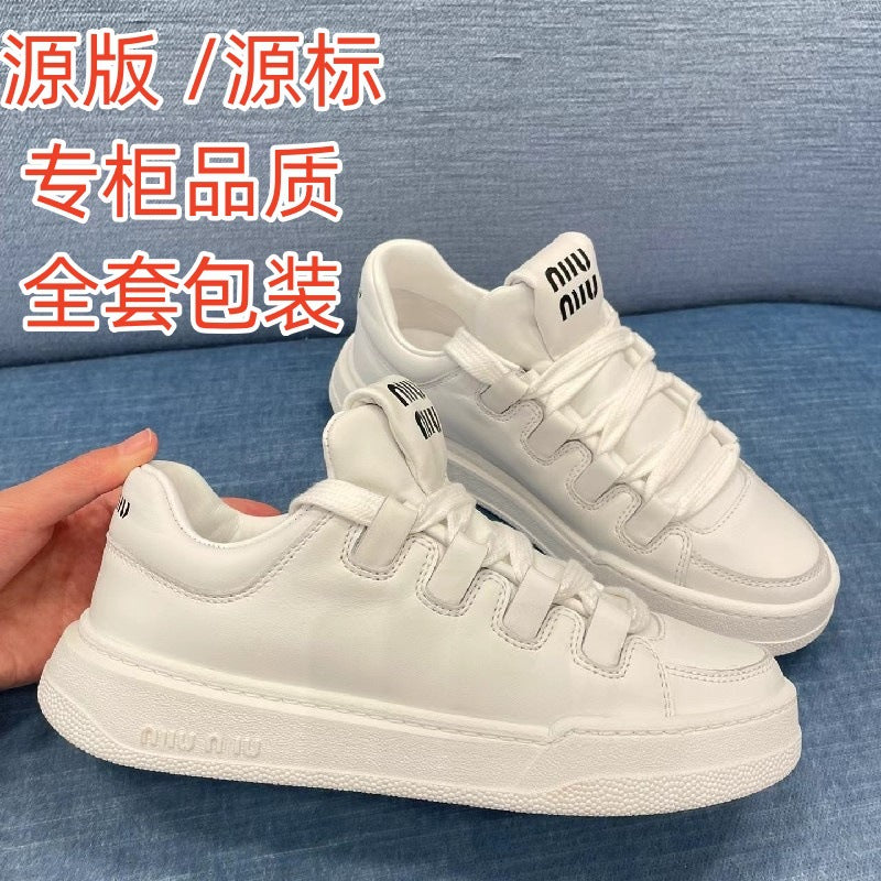 loveccr Mu's Genuine Leather Thick-Soled Distressed Sneakers  Spring and Summer New Lace-up Casual Shoes Women's Dirty White Shoes