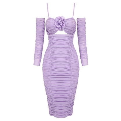 LOVECCR popular summer new purple 2025 long-sleeved dress slim-fitting women's sleeves backless flower suspender mesh skirt