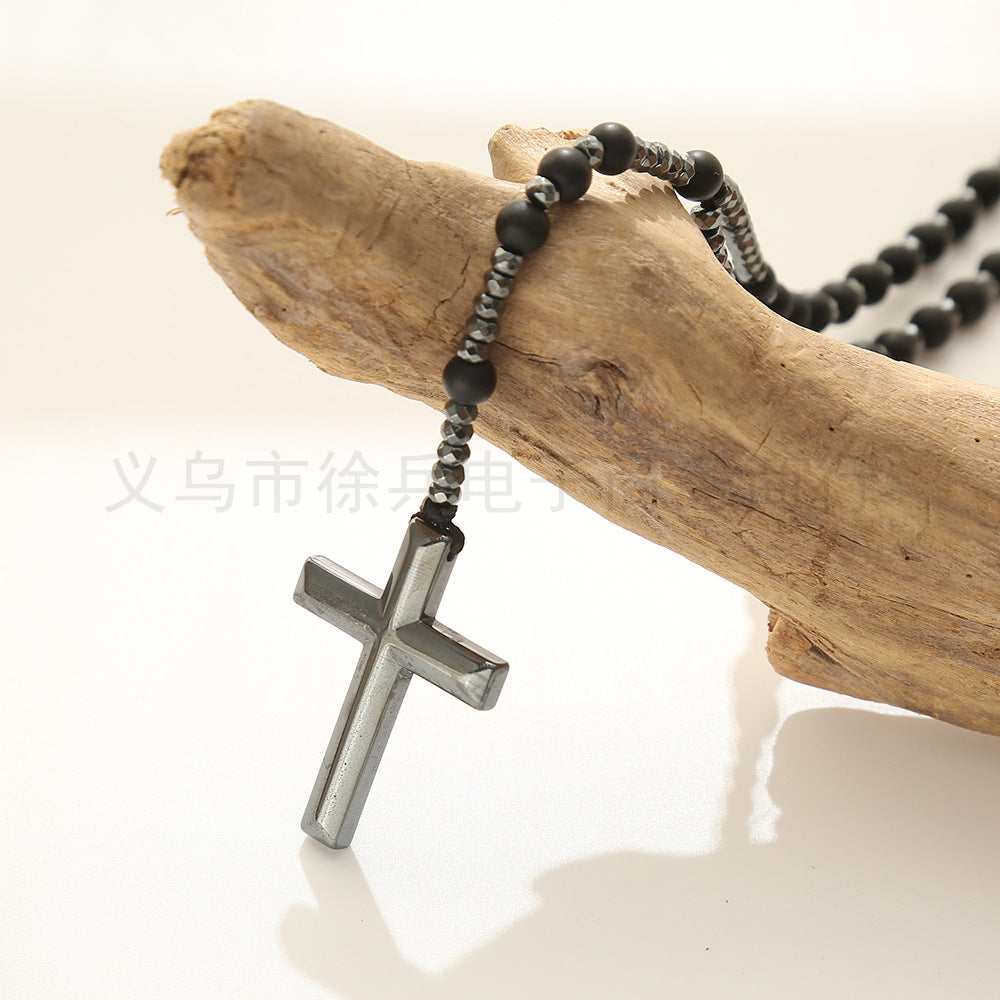 New Cross-Border Direct Supply in Stock Minimalist Creative Cross 6cm Matt Black Agate Haematite Men's and Women's Necklaces