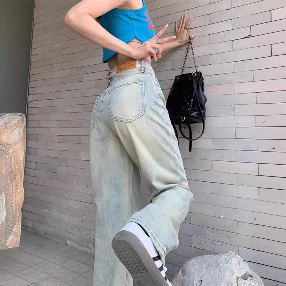 Light-Colored Jeans Women's Summer 2024 New Retro High Waist Slimming and Straight Mop Pants Loose-Fitting Wide-Leg Trousers Fashion